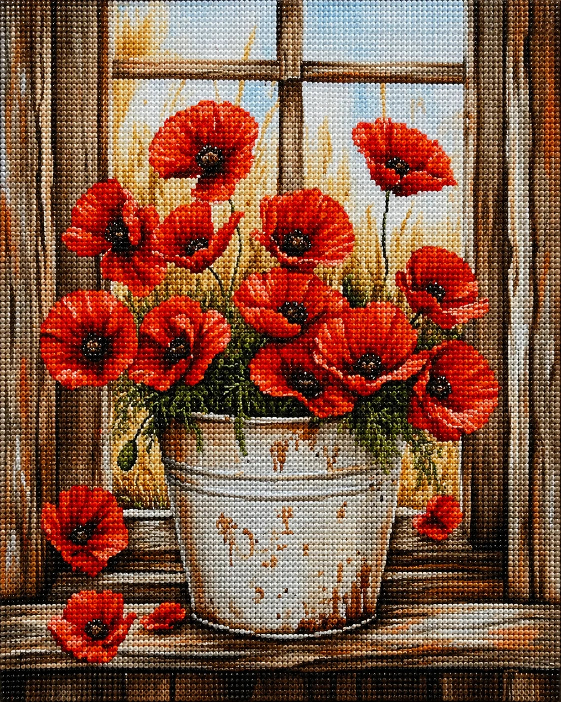 White Bucket Of Poppies Diamond Art Kit