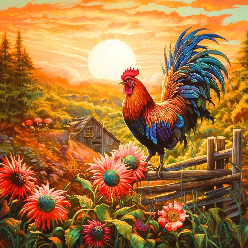 Blue Tail Rooster Sunrise Diamond Art Kit