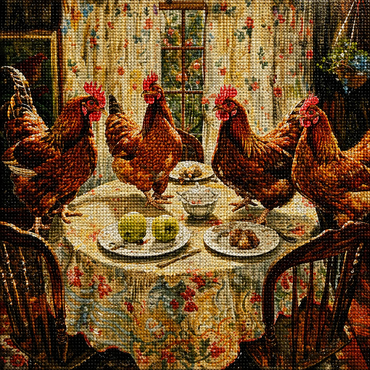 Four Kitchen Table Roosters Diamond Art Kit