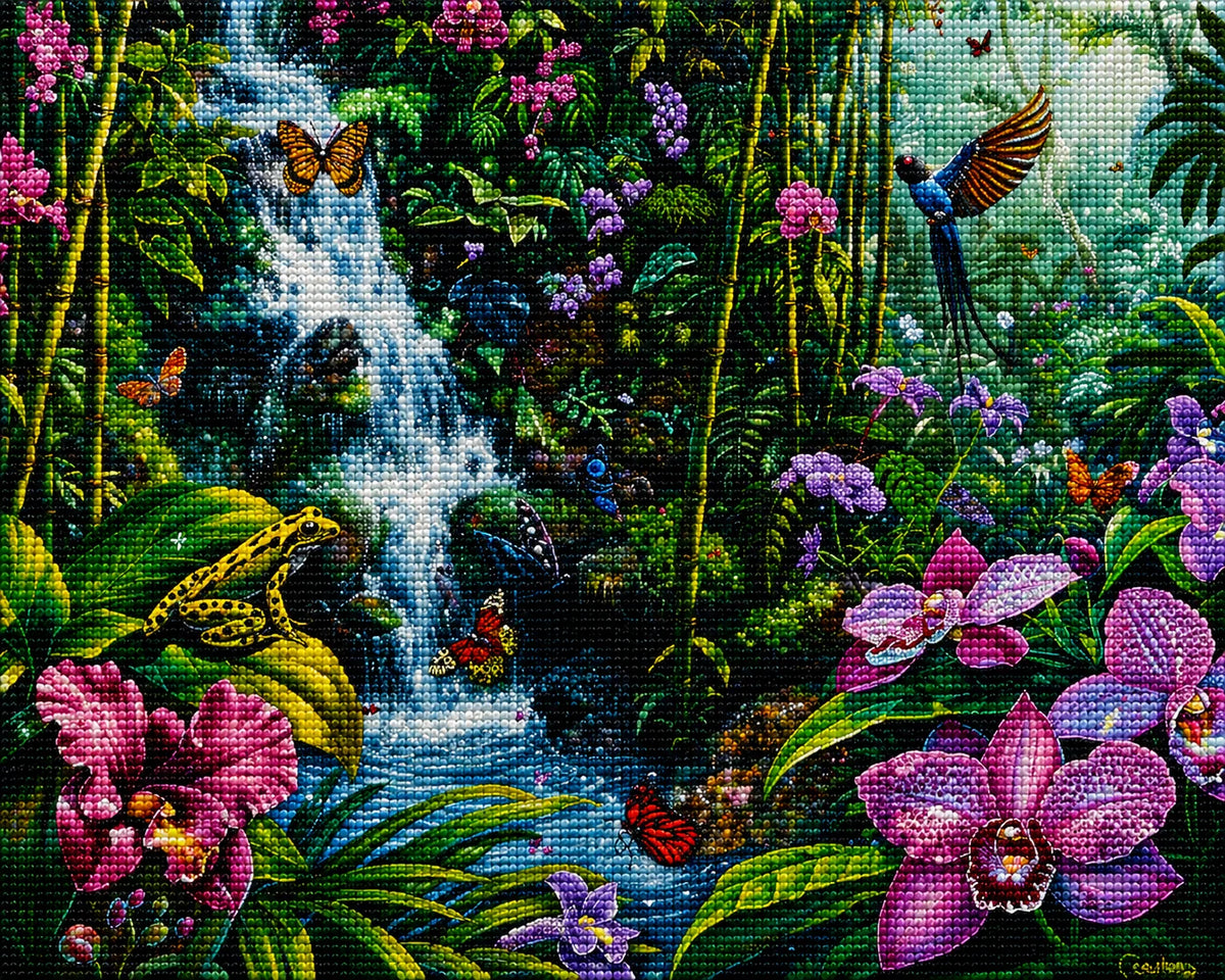 Frog On A Leaf Waterfall Diamond Art Kit