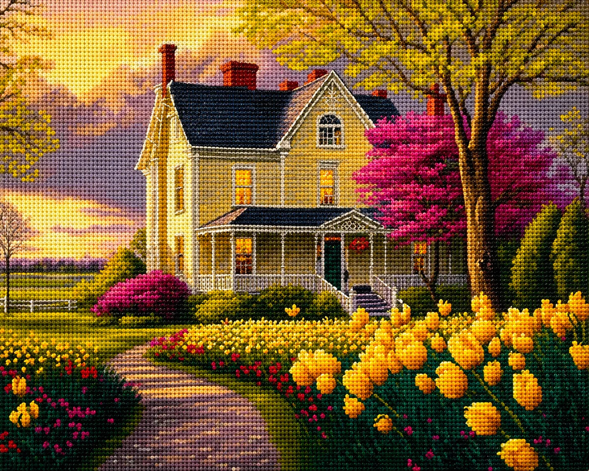 House And Yellow Tulips Diamond Art Kit