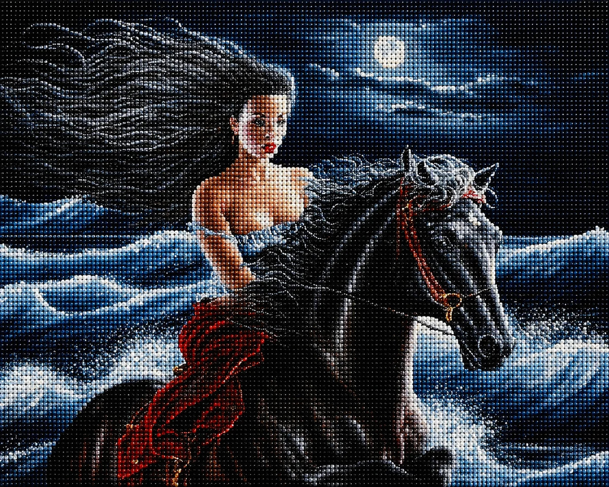 Woman And Black Horse Waves Diamond Art Kit