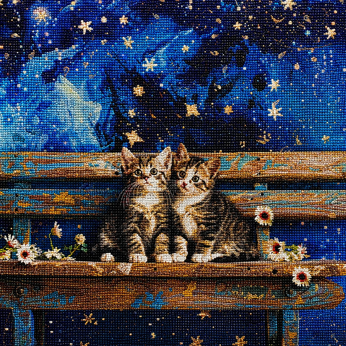 Two Kittens On A Bench With Stars Diamond Art Kit