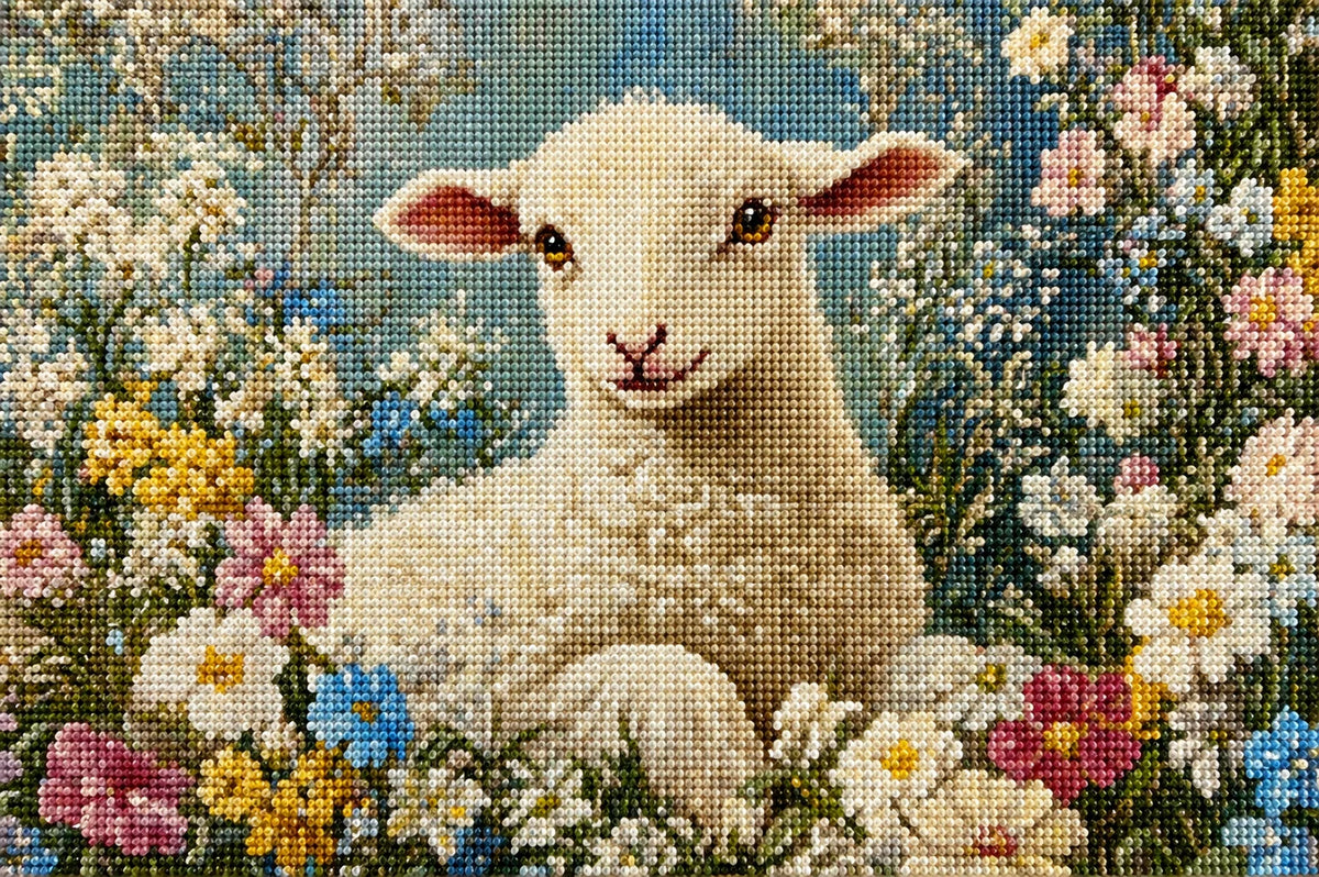 Vintage White Lamb Flowers Diamond Art Kit