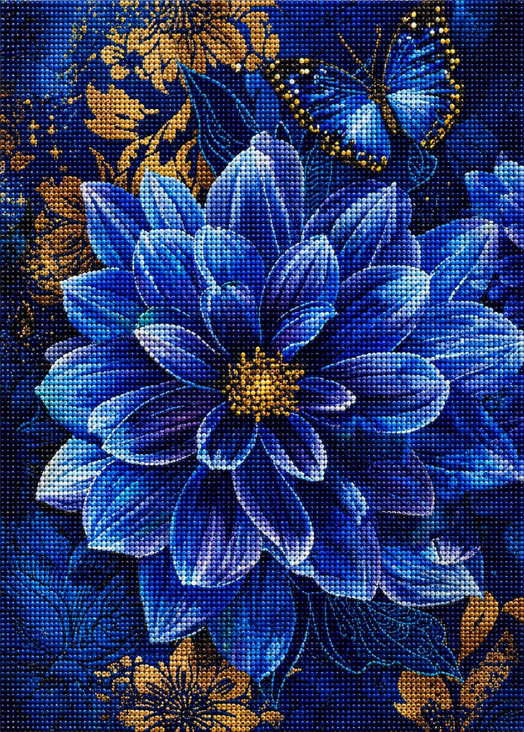 Gold Center Blue Flower Butterfly Diamond Art Kit