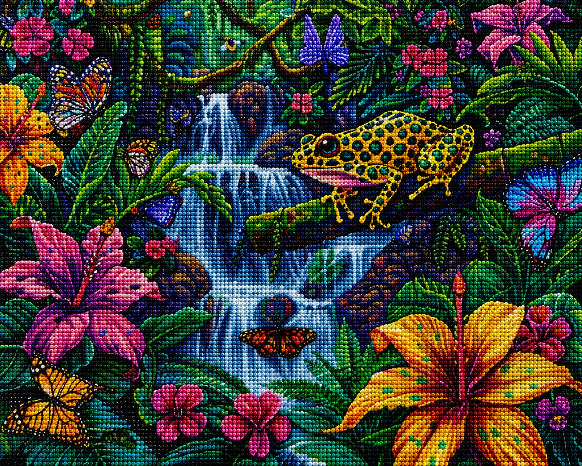 Green Spotted Yellow Frog Waterfalls Diamond Art Kit