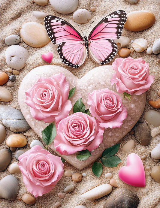 Heart Stone Pink Roses Diamond Art Kit