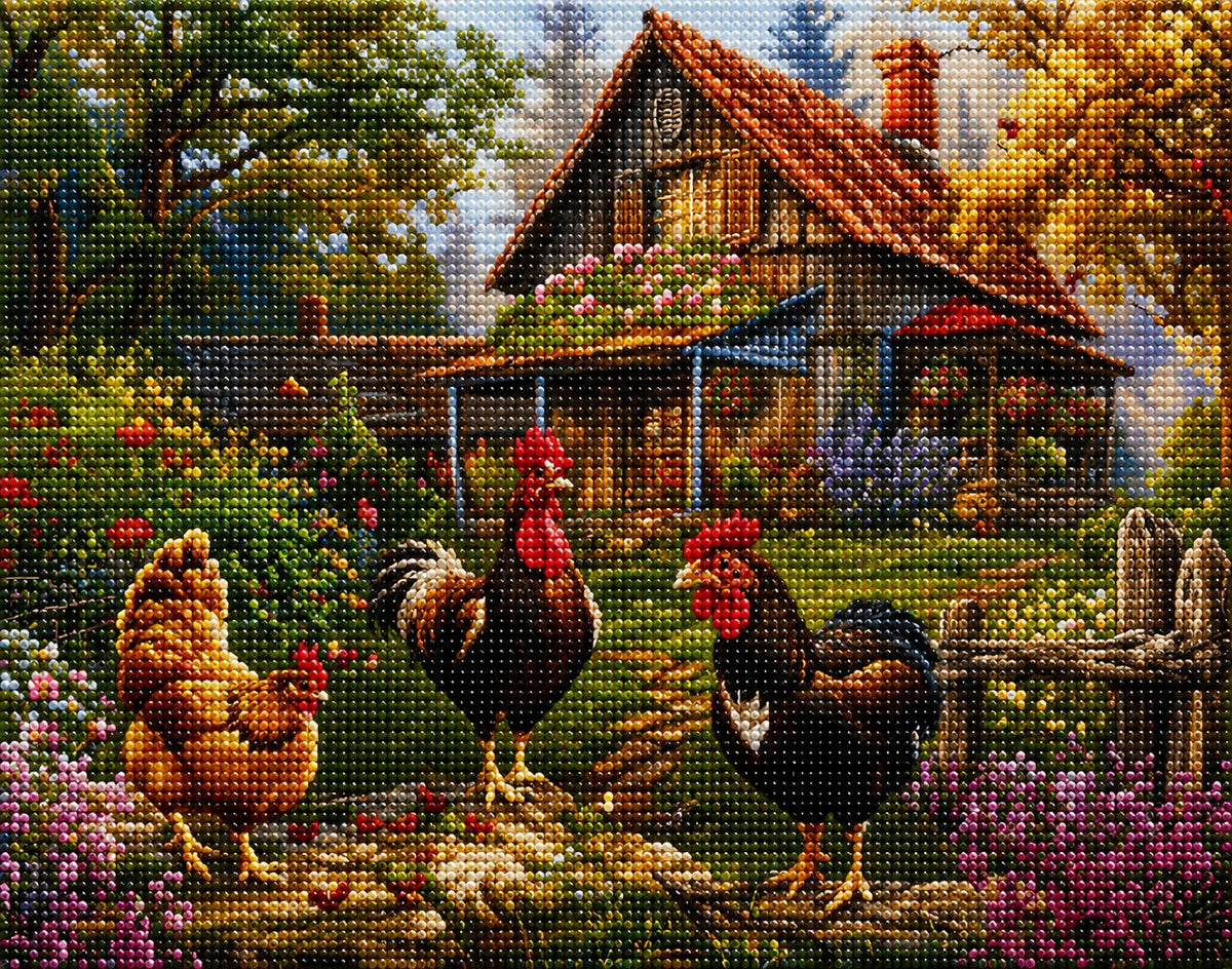 Wood Cabin Roosters Diamond Art Kit