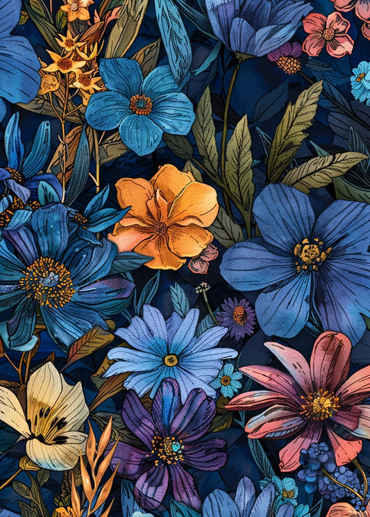Blue Orange Pink Flowers Diamond Art Kit