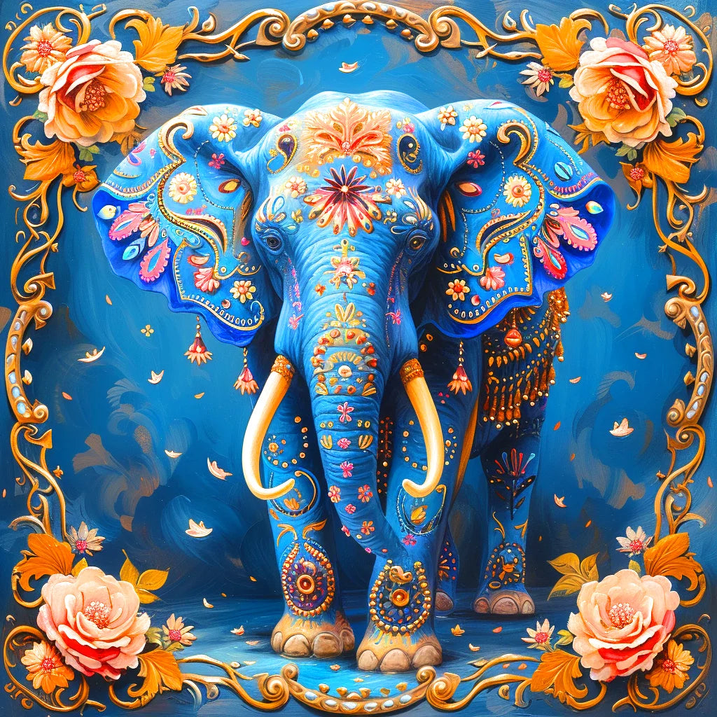 Blue Elephant And Roses Diamond Art Kit