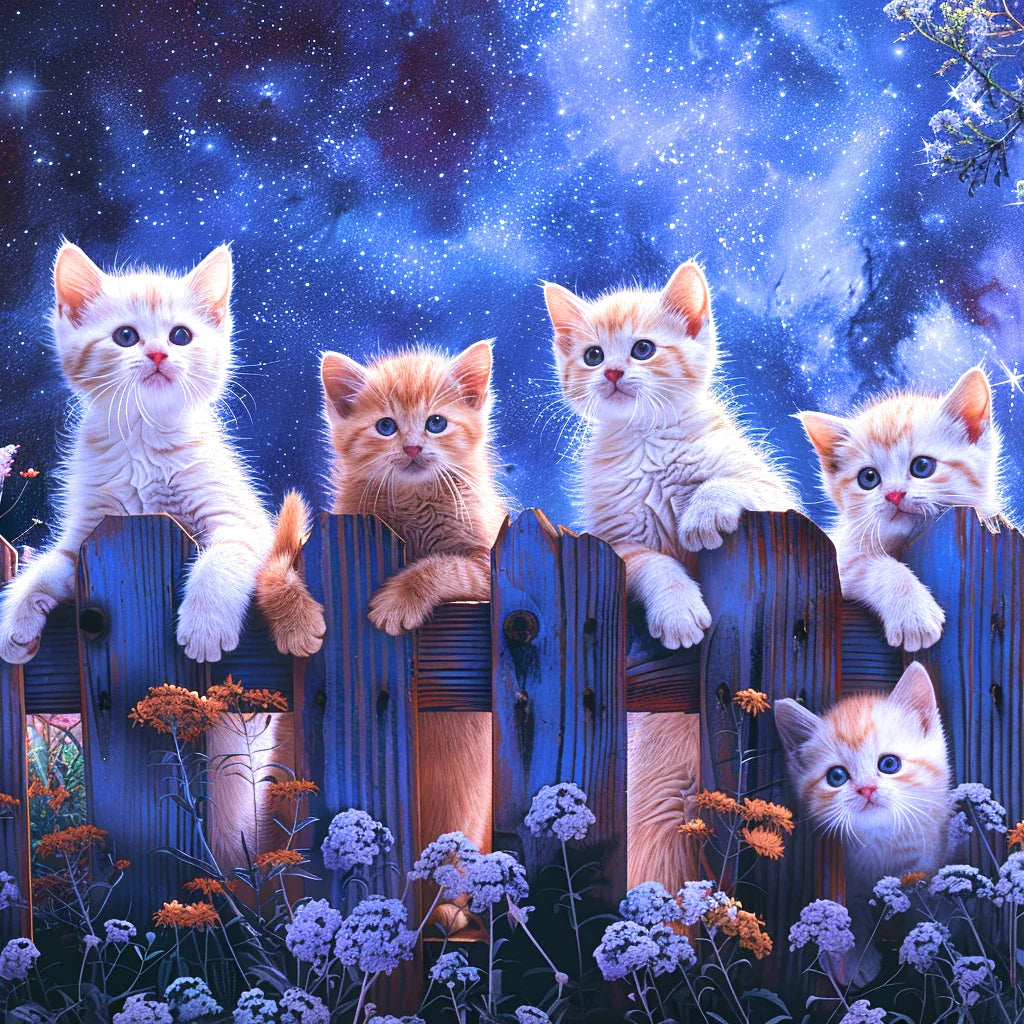Orange White Kittens Fence Diamond Art Kit