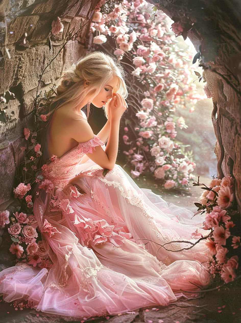 Pink Dress Girl And Roses Diamond Art Kit