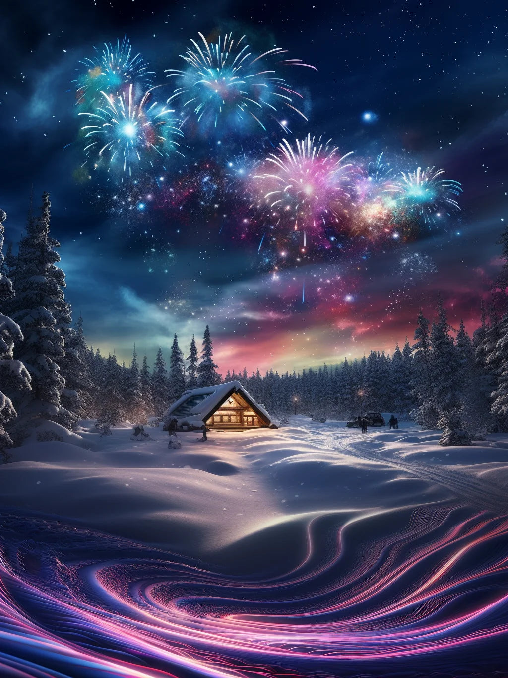 Fireworks Cabin In The Snow Diamond Art Kit
