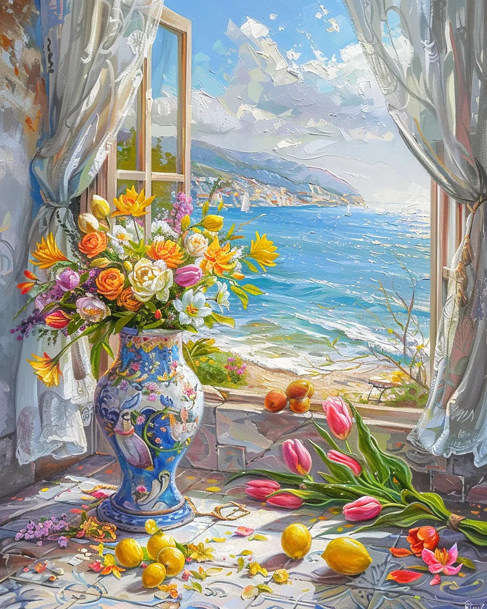 Open Window Flower Bouquet Vase Diamond Art Kit