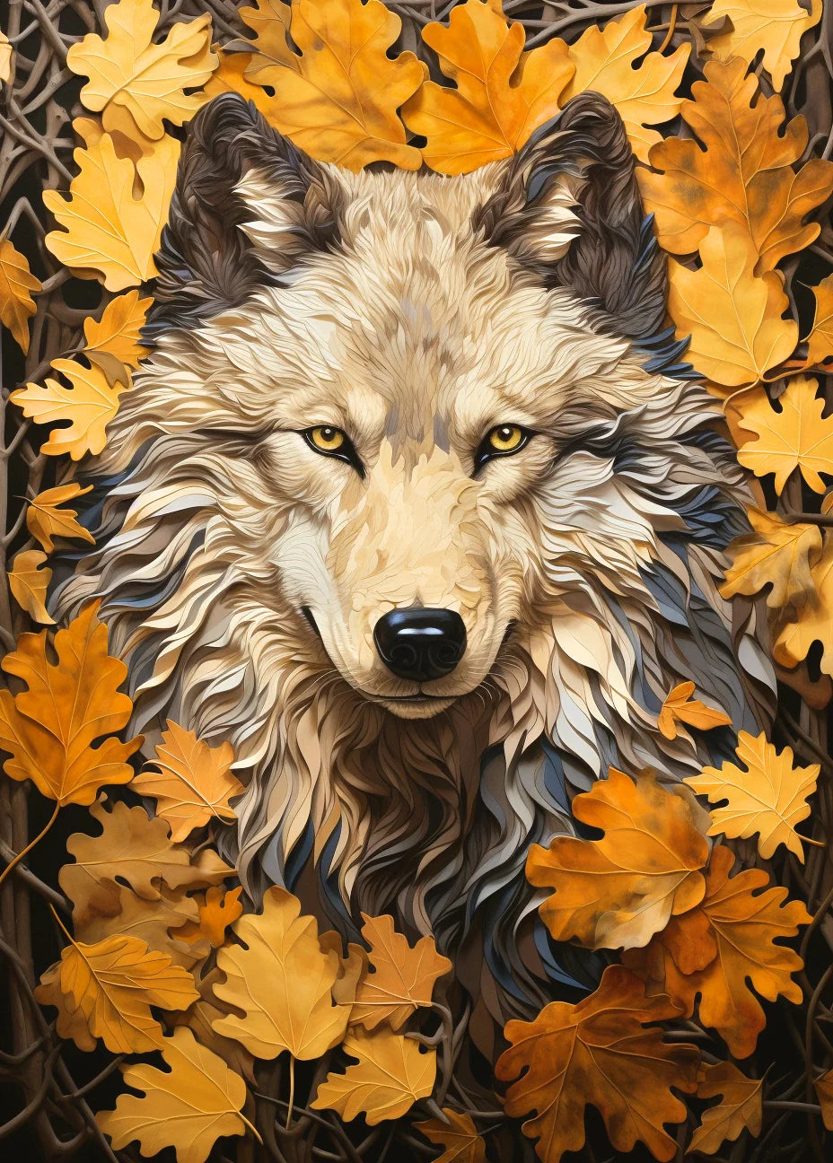 Abstract Wolf In The Leaves Diamond Art Kit