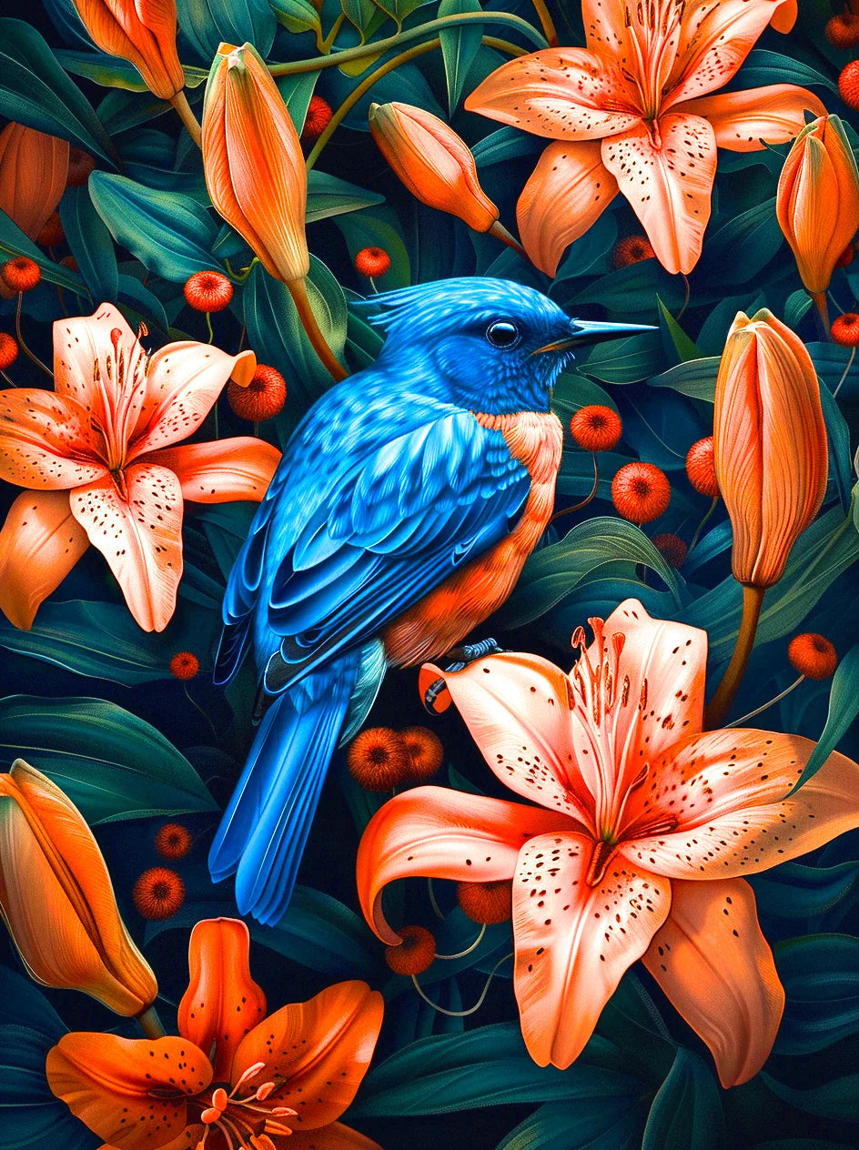 Bluebird Peach Lilies Diamond Art Kit