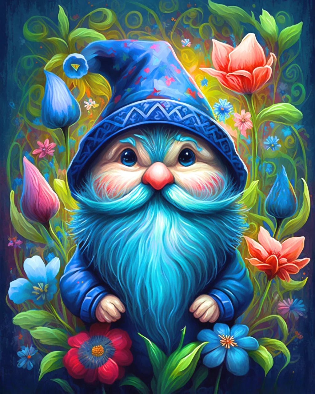 Blue Hat Gnome Flowers Diamond Art Kit