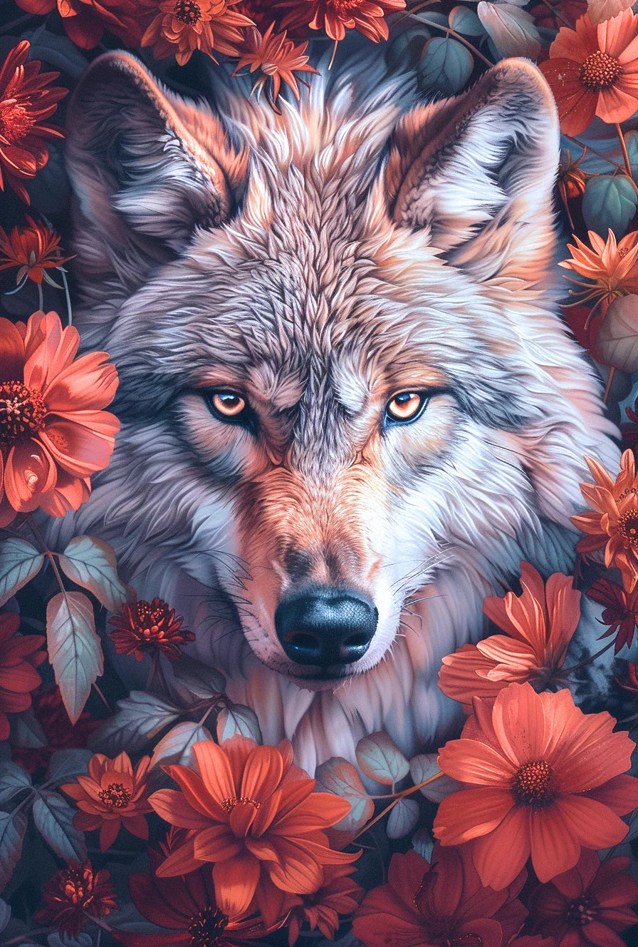 Red Flower Wolf Diamond Art Kit