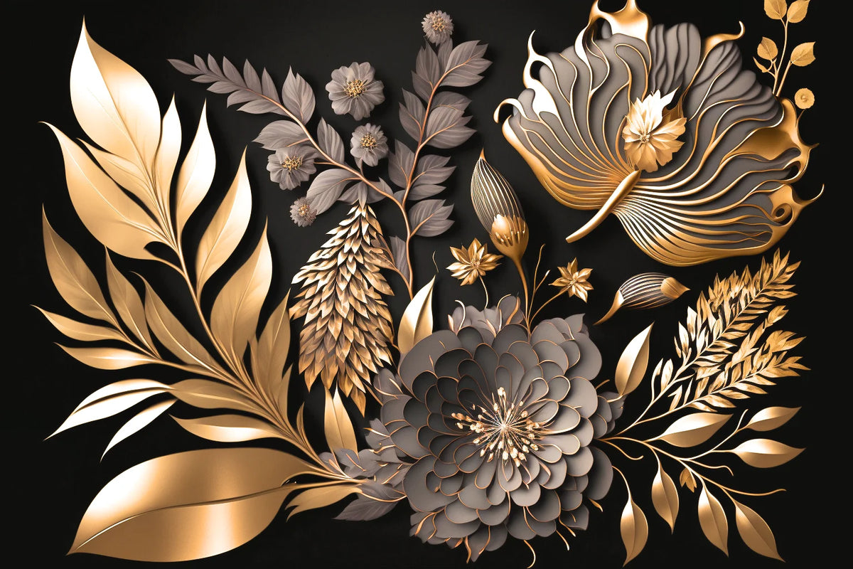 Flowers Gold Gray Diamond Art Kit