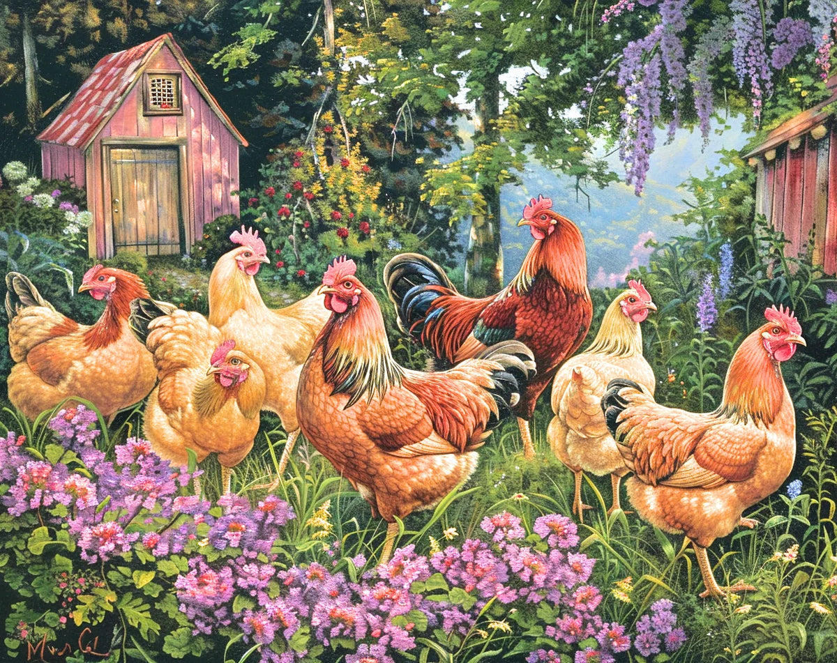Roosters In The Garden Flowers Diamond Art Kit