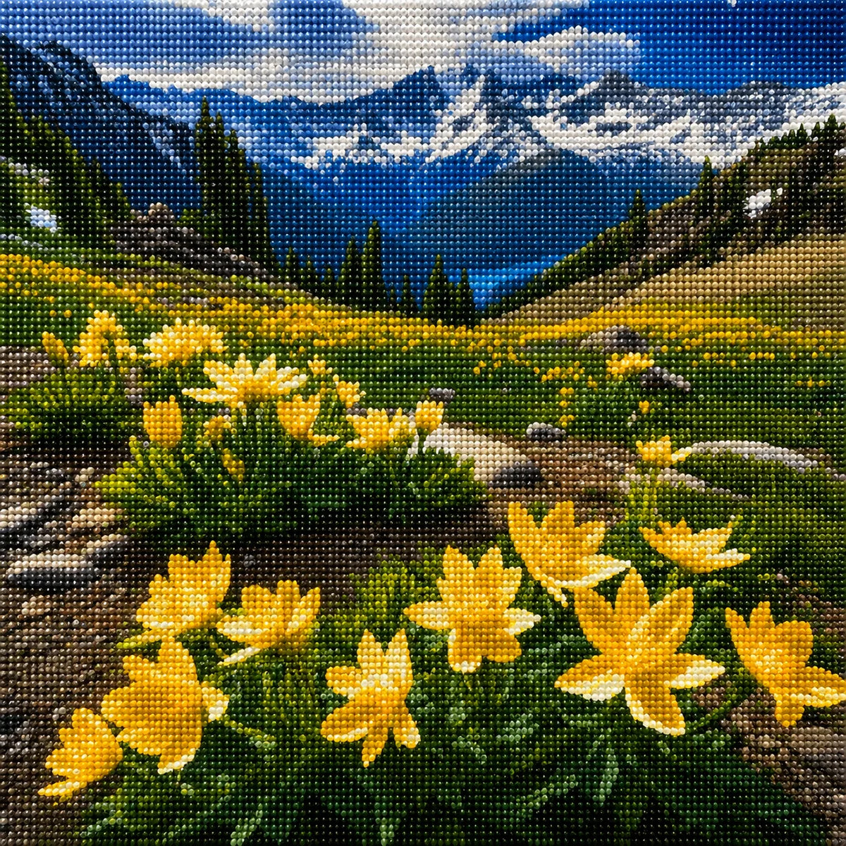 Mountain Valley Lake With Yellow Flowers Diamond Art Kit