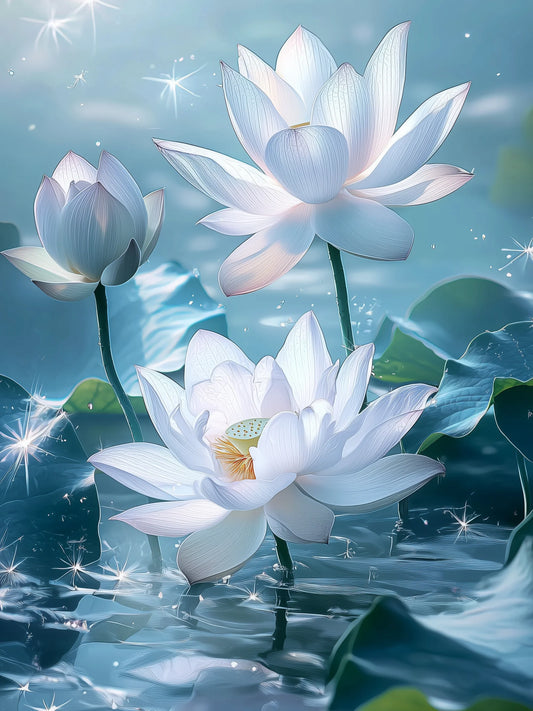 Three White Lotus Flowers Diamond Art Kit