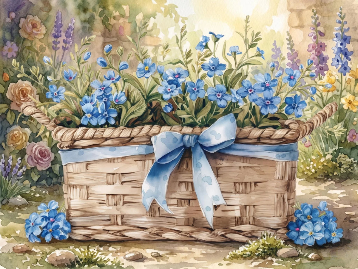Blue Bow Basket Blue Flowers Diamond Art Kit — diamond art kit canvas