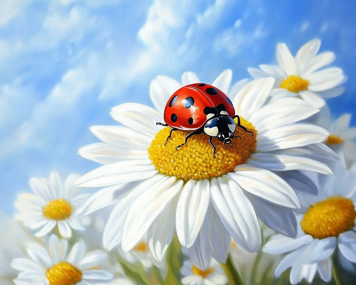 White Daisy Lady Bug Diamond Art Kit