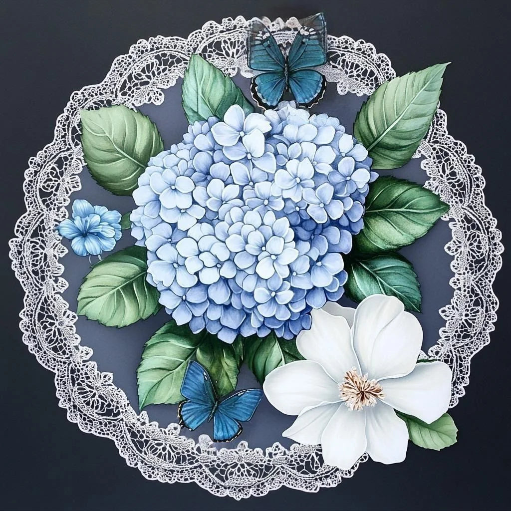 White and Blue Flowers Butterfly Diamond Art Kit