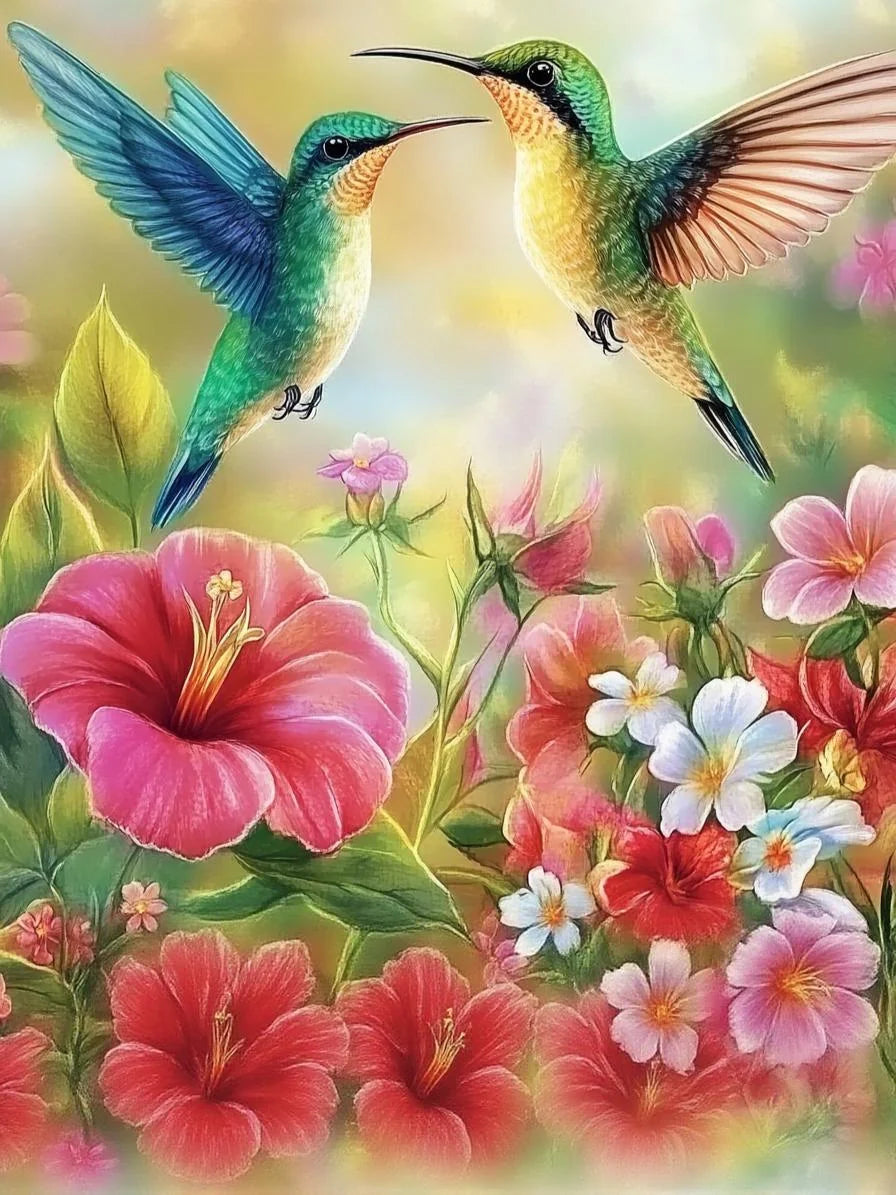 Two Hummingbirds and Flowers Diamond Art Kit