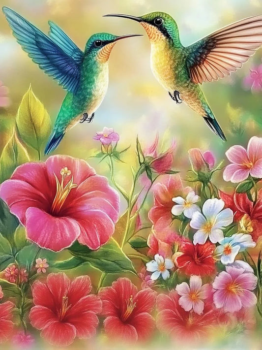 Two Hummingbirds and Flowers Diamond Art Kit