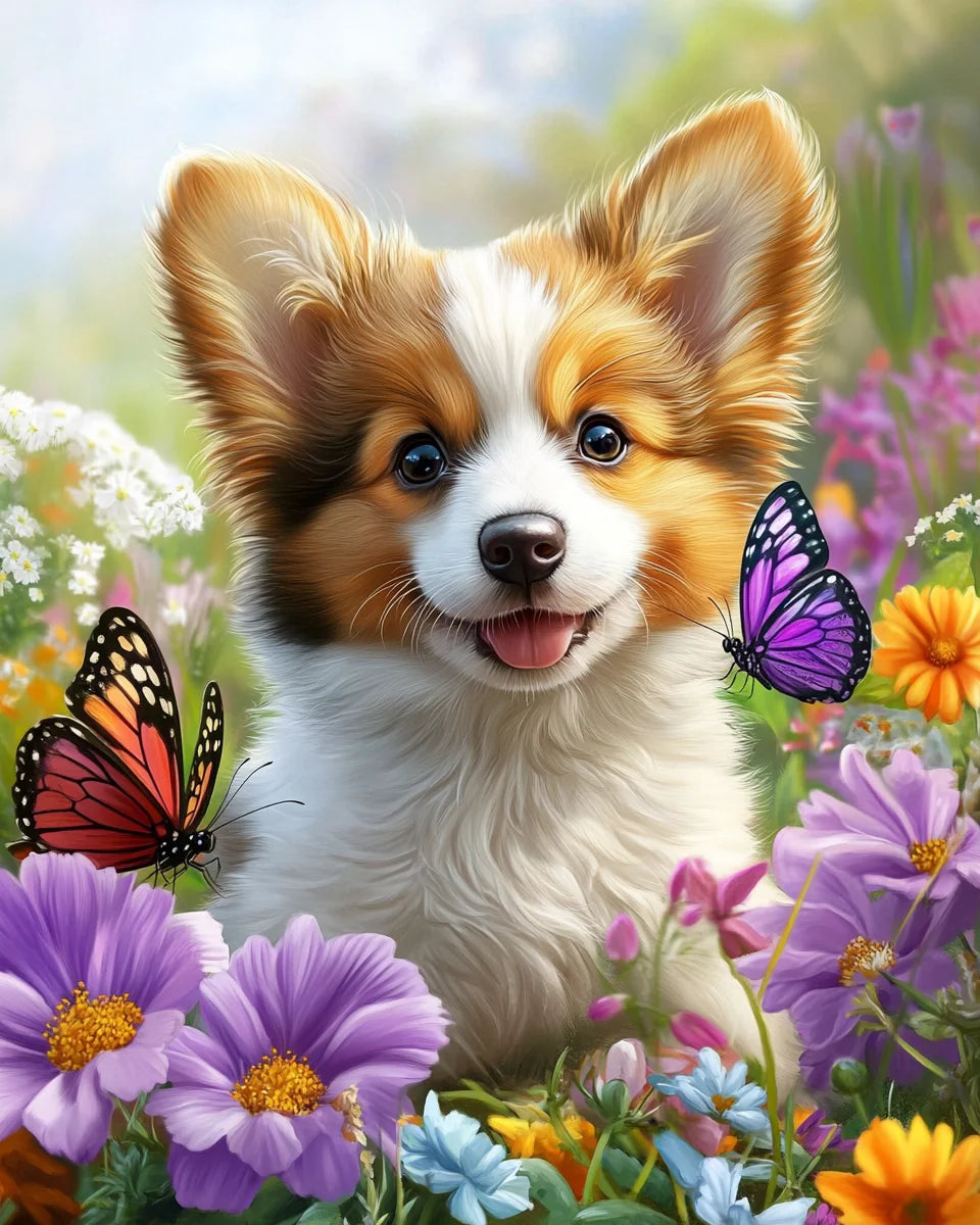 Two Butterflies and Corgi Puppy Diamond Art Kit