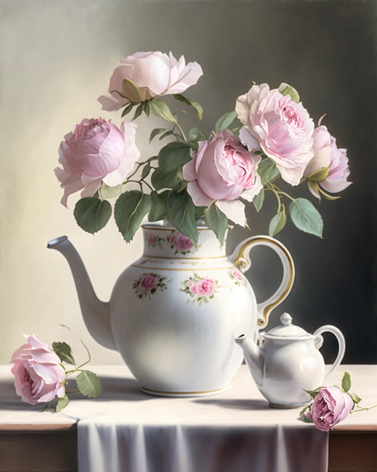 Teapot of Pink Roses Diamond Art Kit