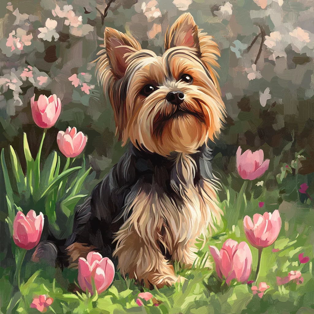 Pink Tulips and Yorkshire Terrier Diamond Art Kit