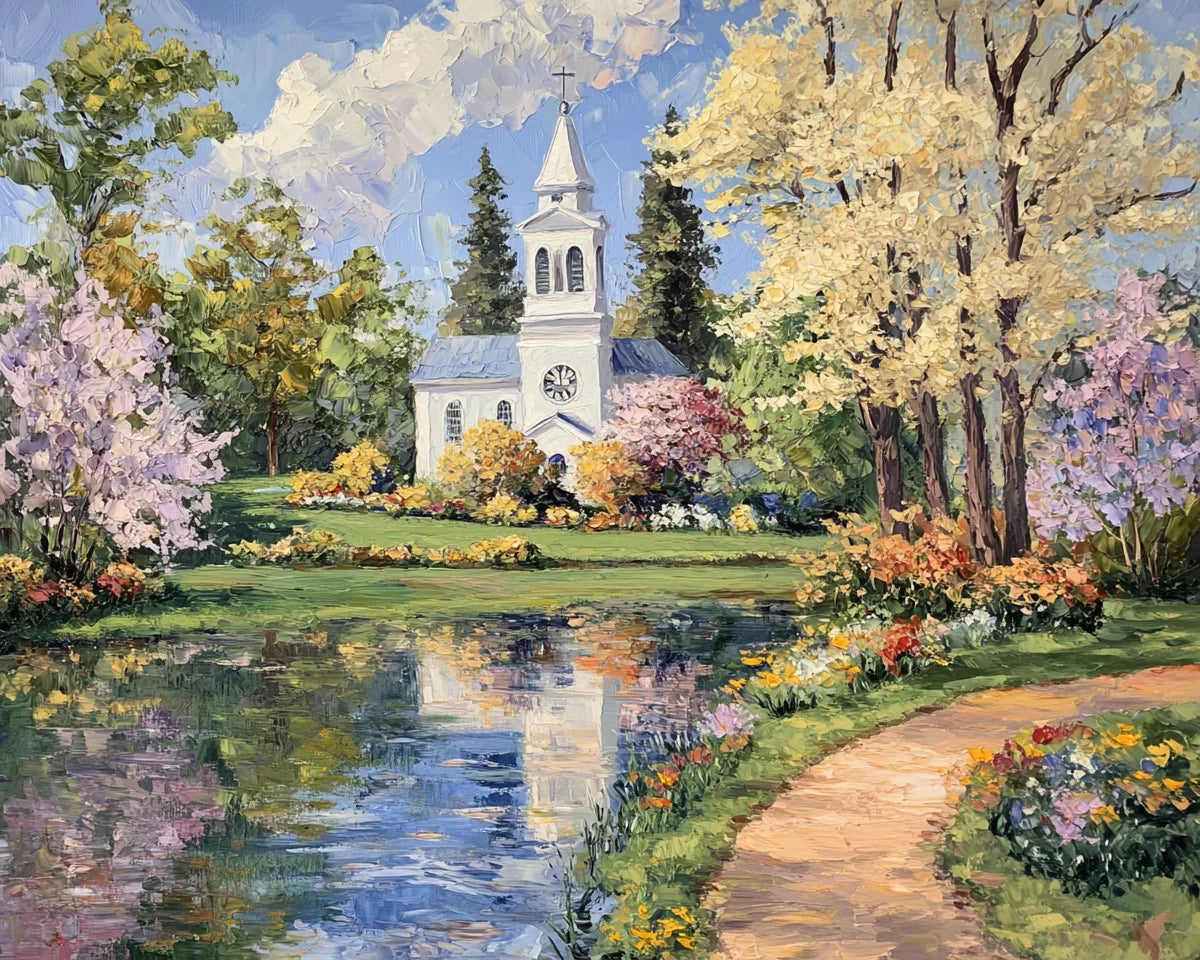 White Church in Spring Diamond Art Kit