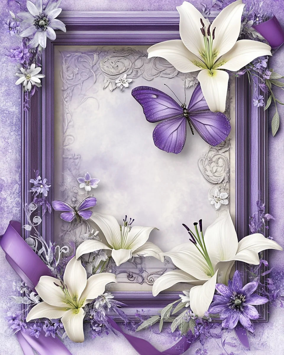Purple Frame Lilies and Butterfly Diamond Art Kit