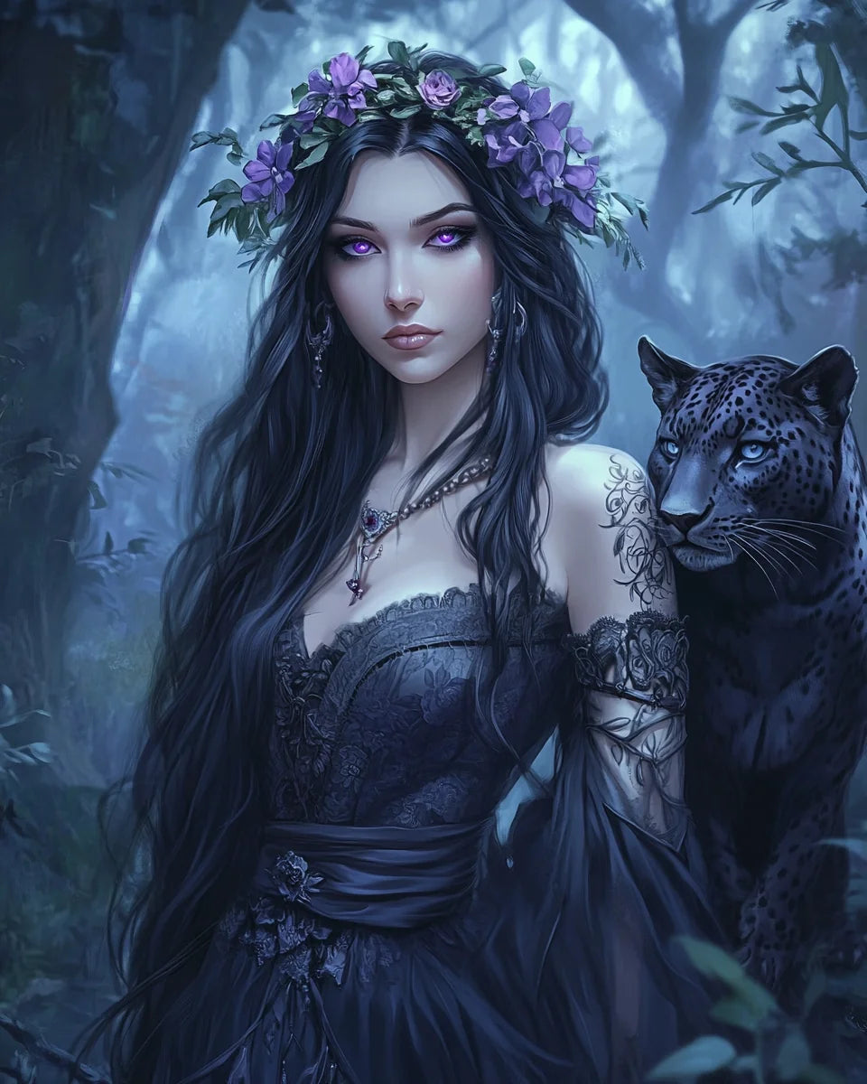 Purple Flower Crown Princess and Spotted Panther Diamond Art Kit