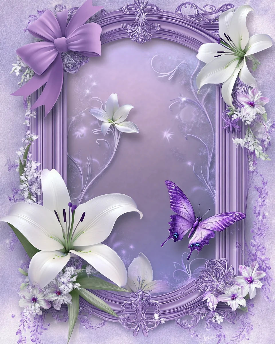 Purple Butterflies and Lilies Frame Diamond Art Kit