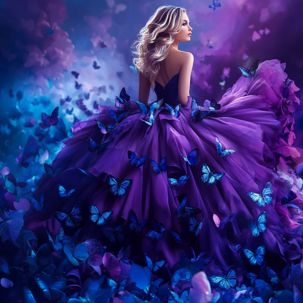 Purple Dress Girl and Blue Butterflies Diamond Art Kit
