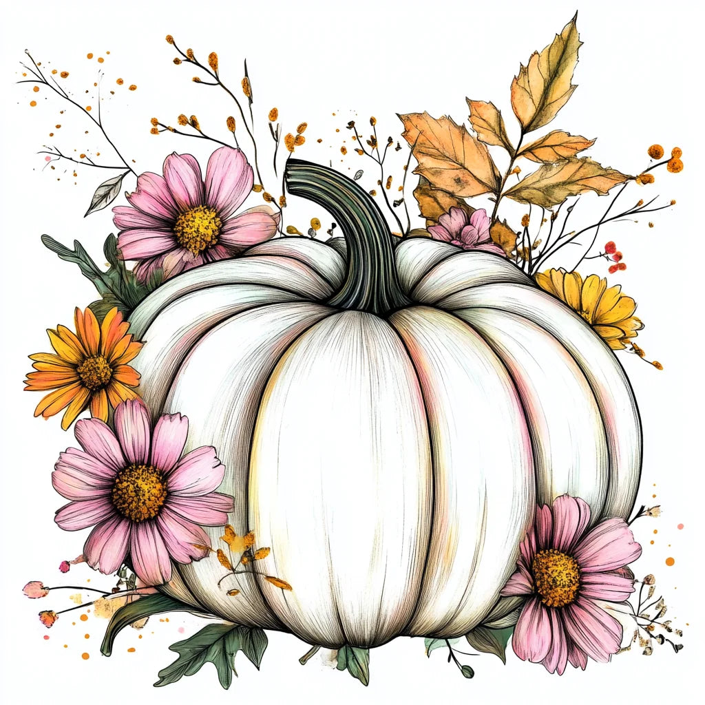 Flowers and White Pumpkin Diamond Art Kit