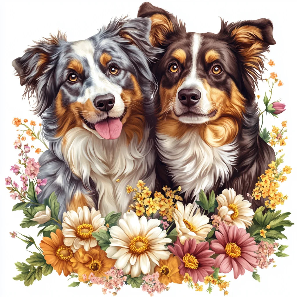 Flowers and Two Australian Shepherds Diamond Art Kit