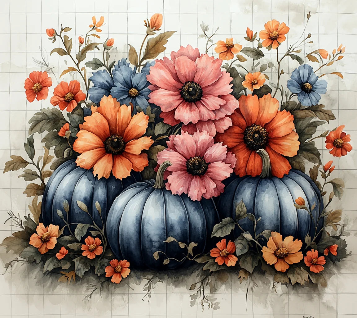 Flowers and Gray Pumpkins Diamond Art Kit