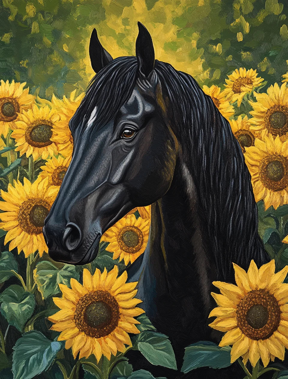 Black Stallion in Sunflowers Diamond Art Kit