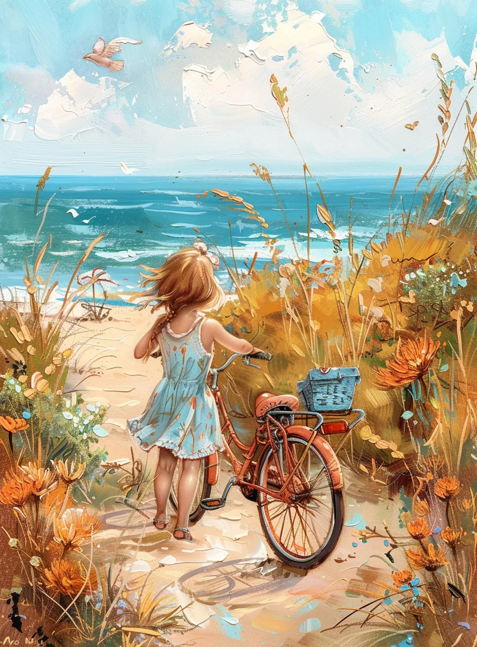 Young Girl and Her Beach Bike Diamond Art Kit