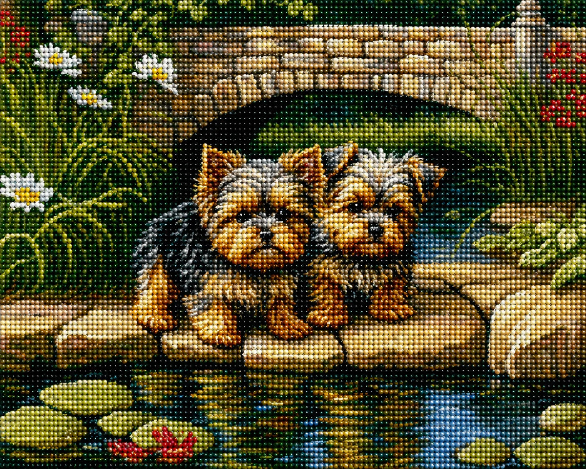 Yorkie Puppies on the Pond Stones Diamond Art Kit — diamond art kit canvas