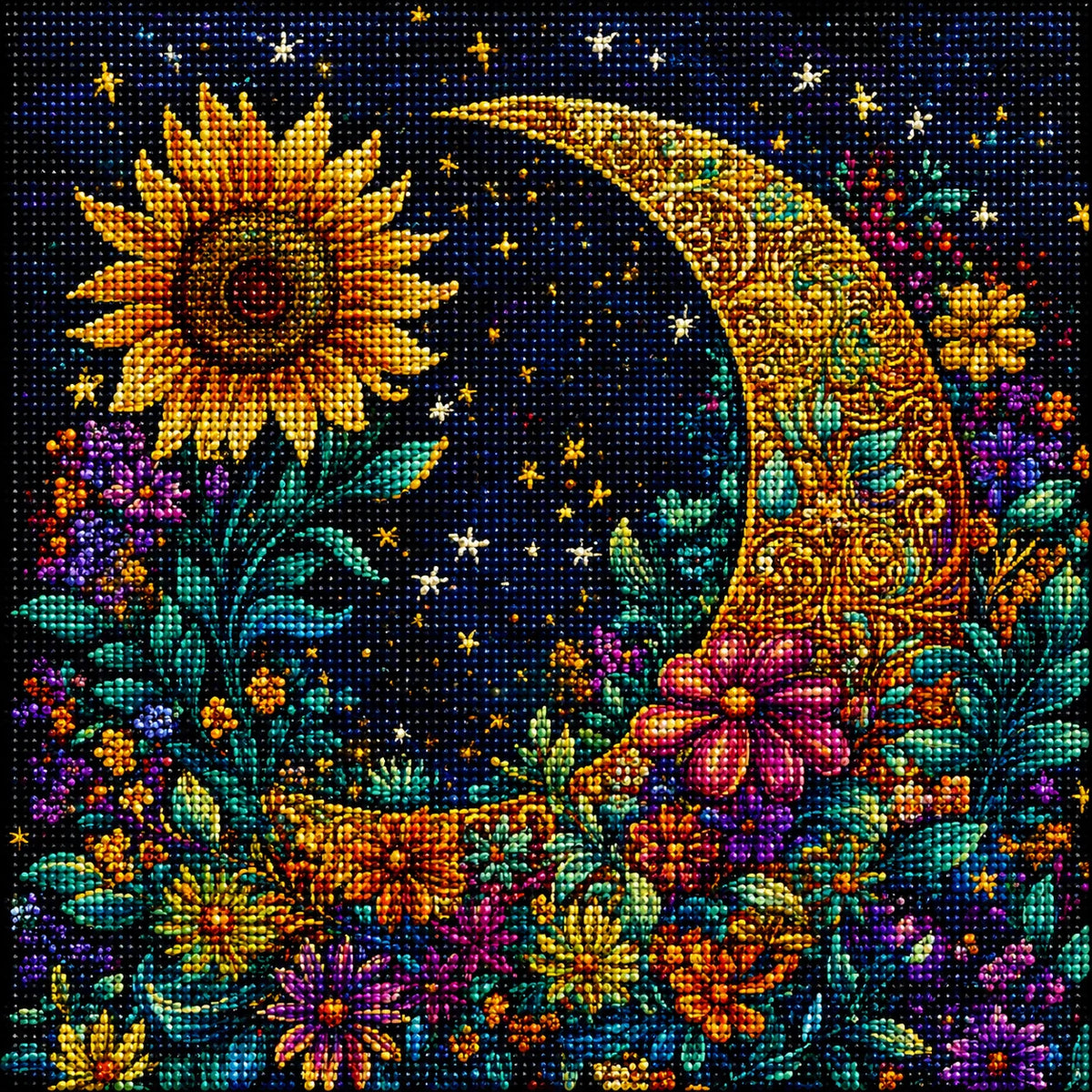 Yellow Sunflower Crescent Moon Diamond Art Kit — diamond art kit canvas