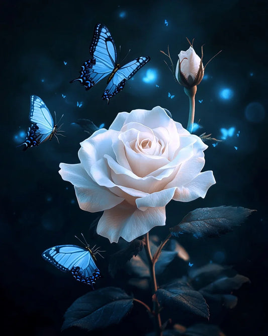 White Rose and Bud Blue Butterflies Diamond Art Kit