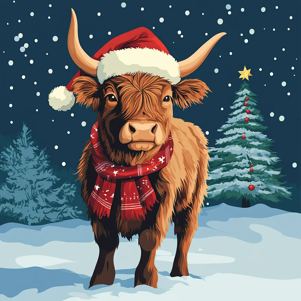 Christmas Hat Scarf Highland Cow Diamond Art Kit