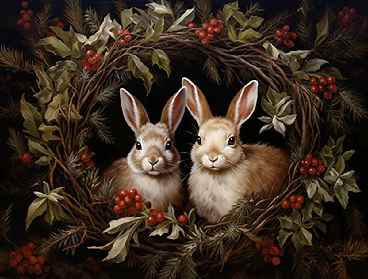 Christmas Berry Wreath Bunnies Diamond Art Kit