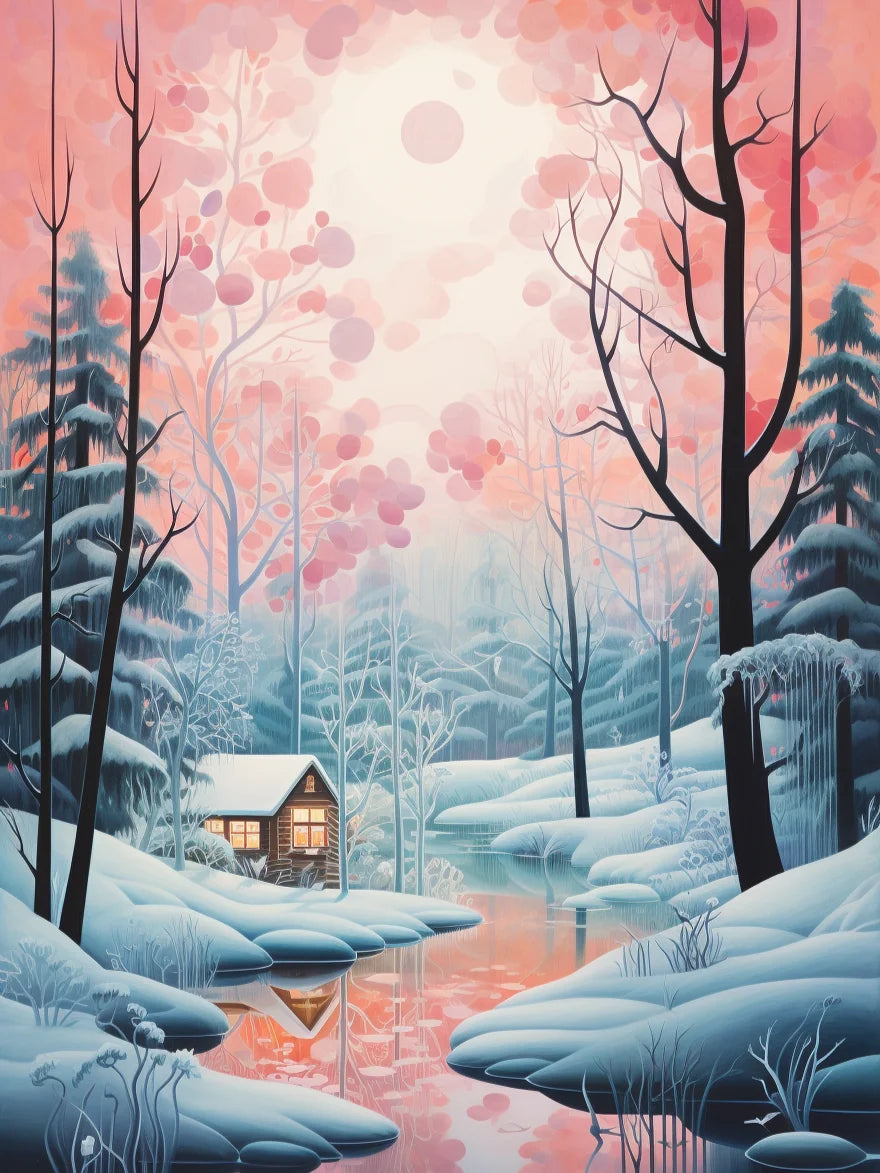 Abstract Pink Sky Cabin In The Snow Diamond Art Kit